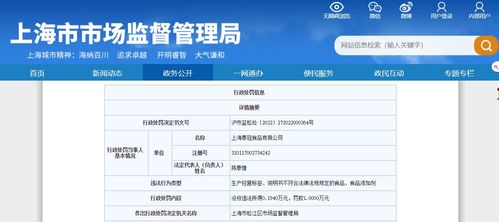 上海市松江區(qū)市場監(jiān)督管理局關于上海泰冠食品的行政處罰信息
